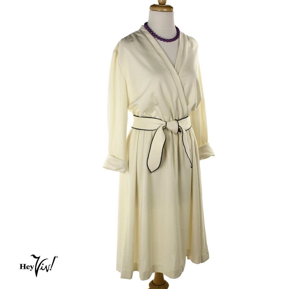 Vintage 80s Charles Allen Dress Ivory Knit w Crossover Bodice Size M - Hey Viv